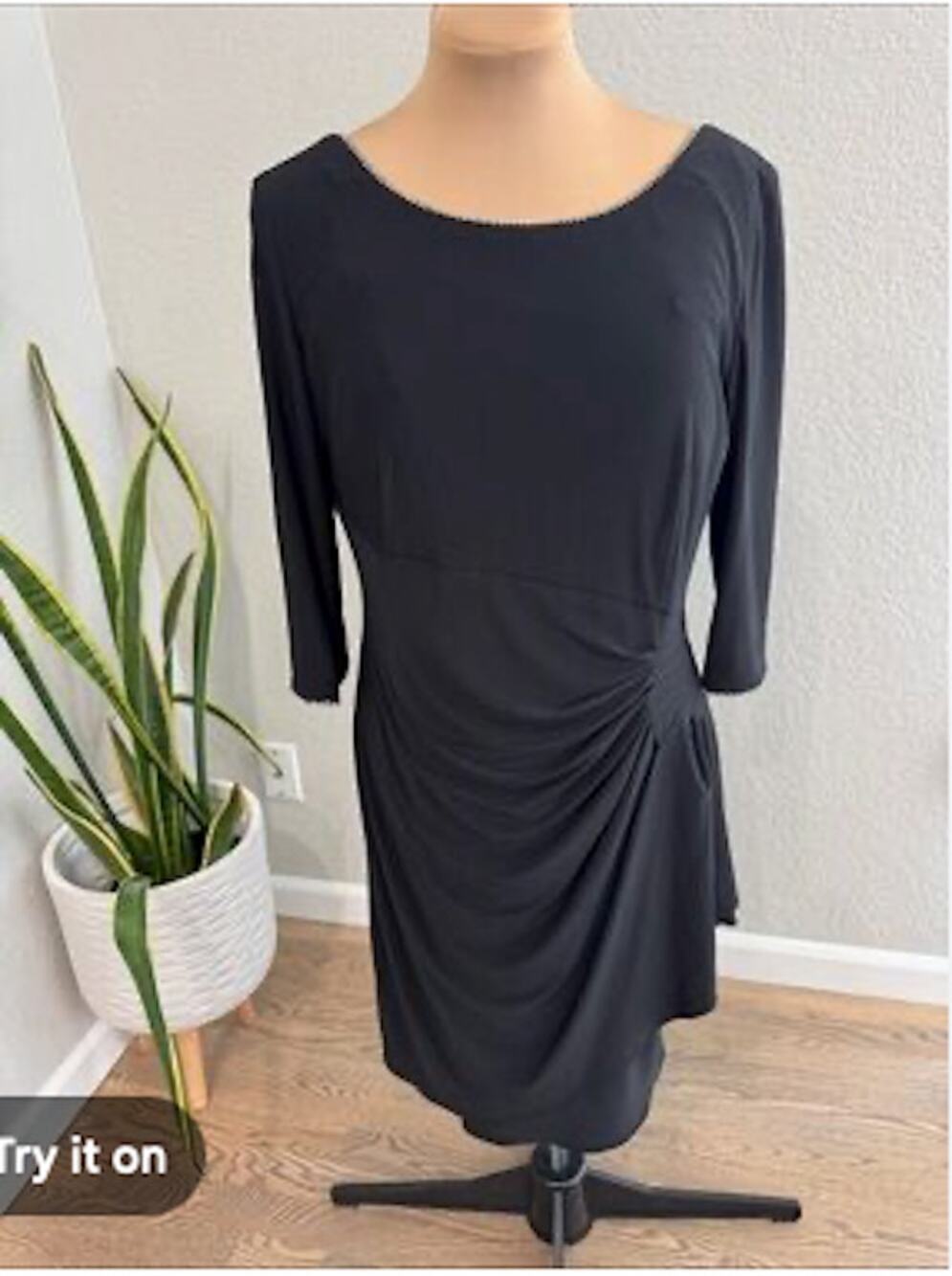 Alex Evenings Black Ruched Stretch Sheath Dress Scoop Neck Rhinestone 12